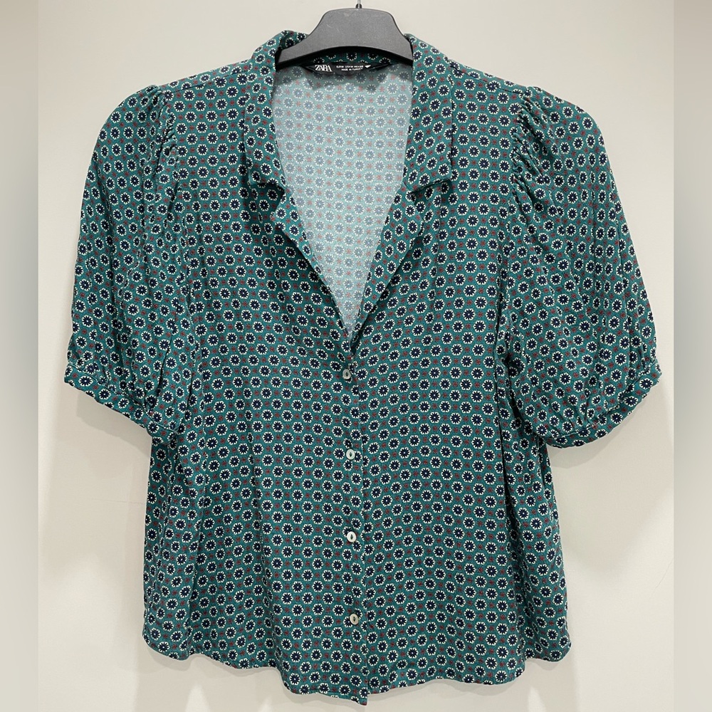 Zara Teal Patterned Women's Top M